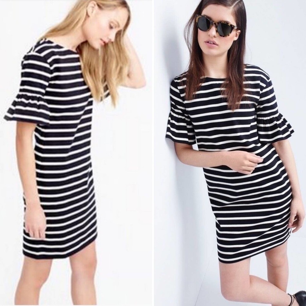 J.Crew Ruffled Bell Sleeve Shift Dress in‎ Black & White Stripes 100% Cotton, XS